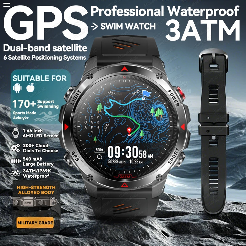 

New 2025 T-Rex G1 GPS Smart Watch 1.43"AMOLED Screen Compass Barometric Altimeter Flashlight Voice Calling Smart Sapphire Watch