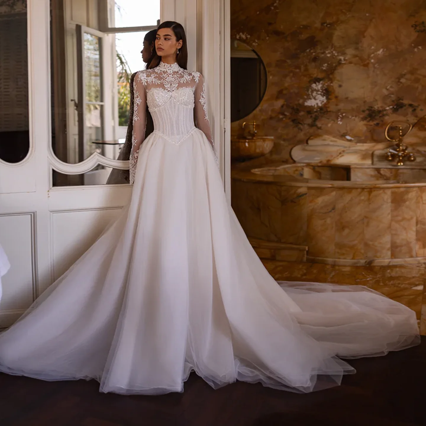

Sharon Said Classical A-Line Off White Tulle Wedding Dress 2025 With Detachable Jacket High Neck Bride Gowns SW365 Customized