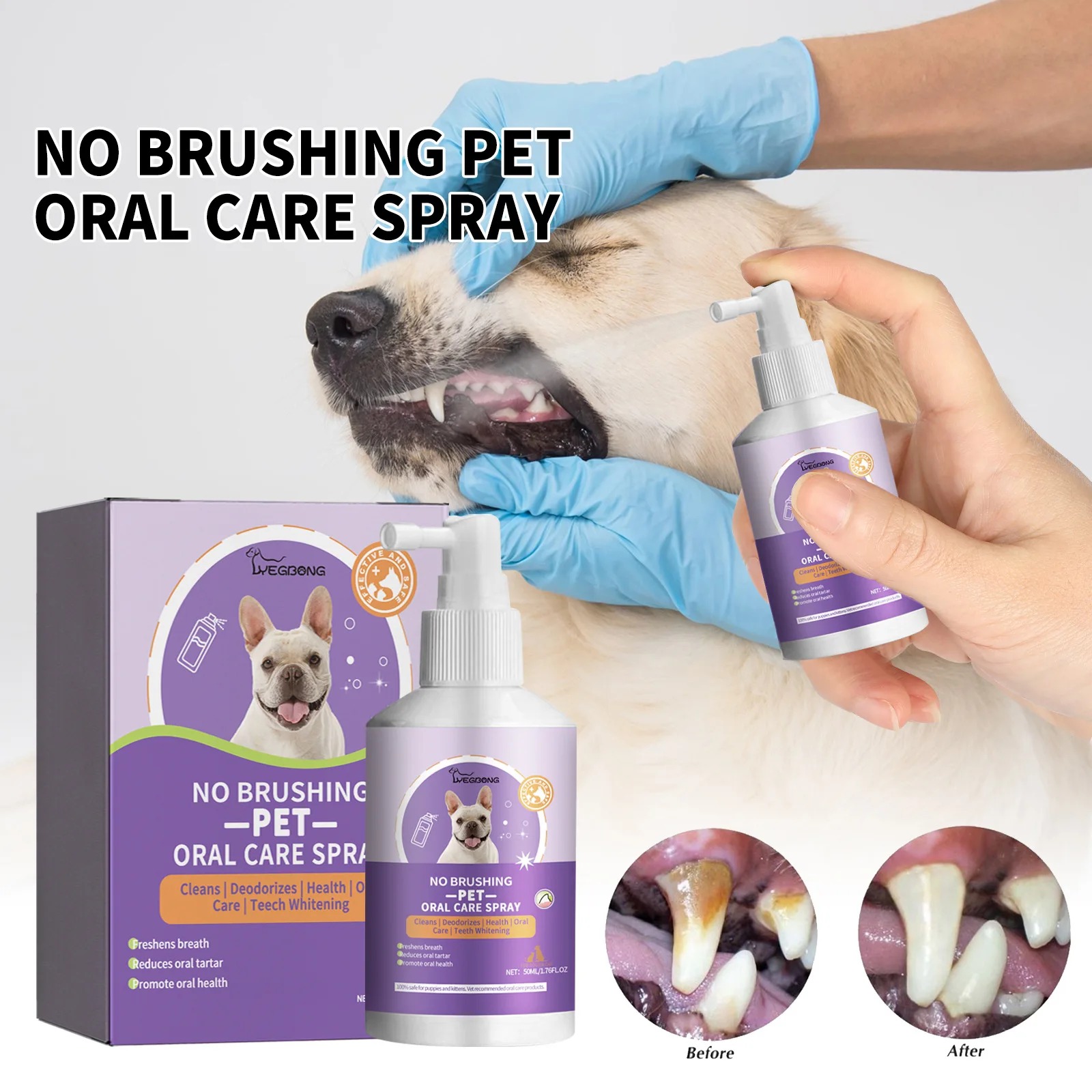 Yegbong 50ml Pet Oral Cleaning Spray Dogs Cats Mouth Fresh Deodorant Calculus Remove Tartars Bad Breath Removal Pet Odor Cleaner