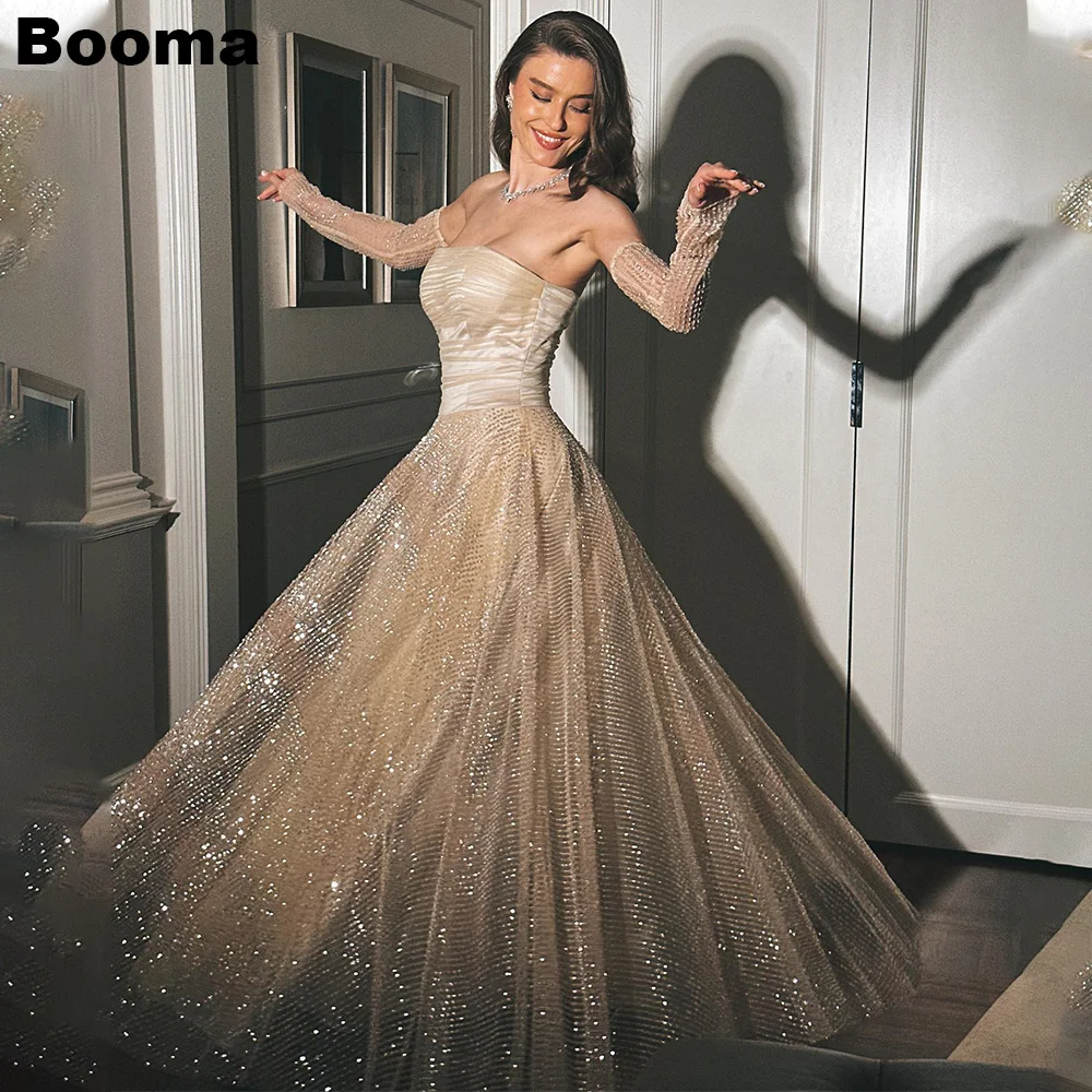 Booma A-Line Long Shiny Evening Dresses Sleeveless Strapless Wedding Party Gowns for Women Generous Prom Dress Customized