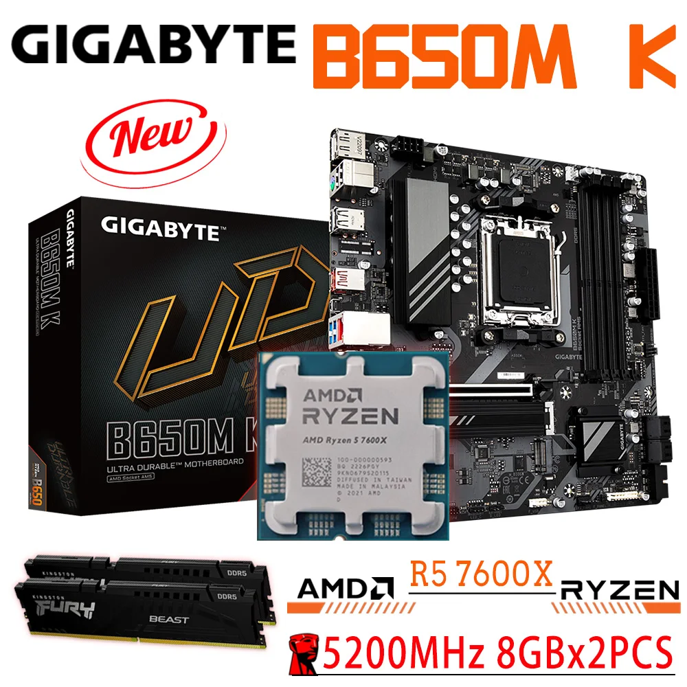 GIGABYTE B650M K DDR5 Socket AM5 128GB SATA Motherboard With AMD RYZEN 5 7600X Processor Kingston Beast RAM 5200MHz 8GBx2PCS Kit