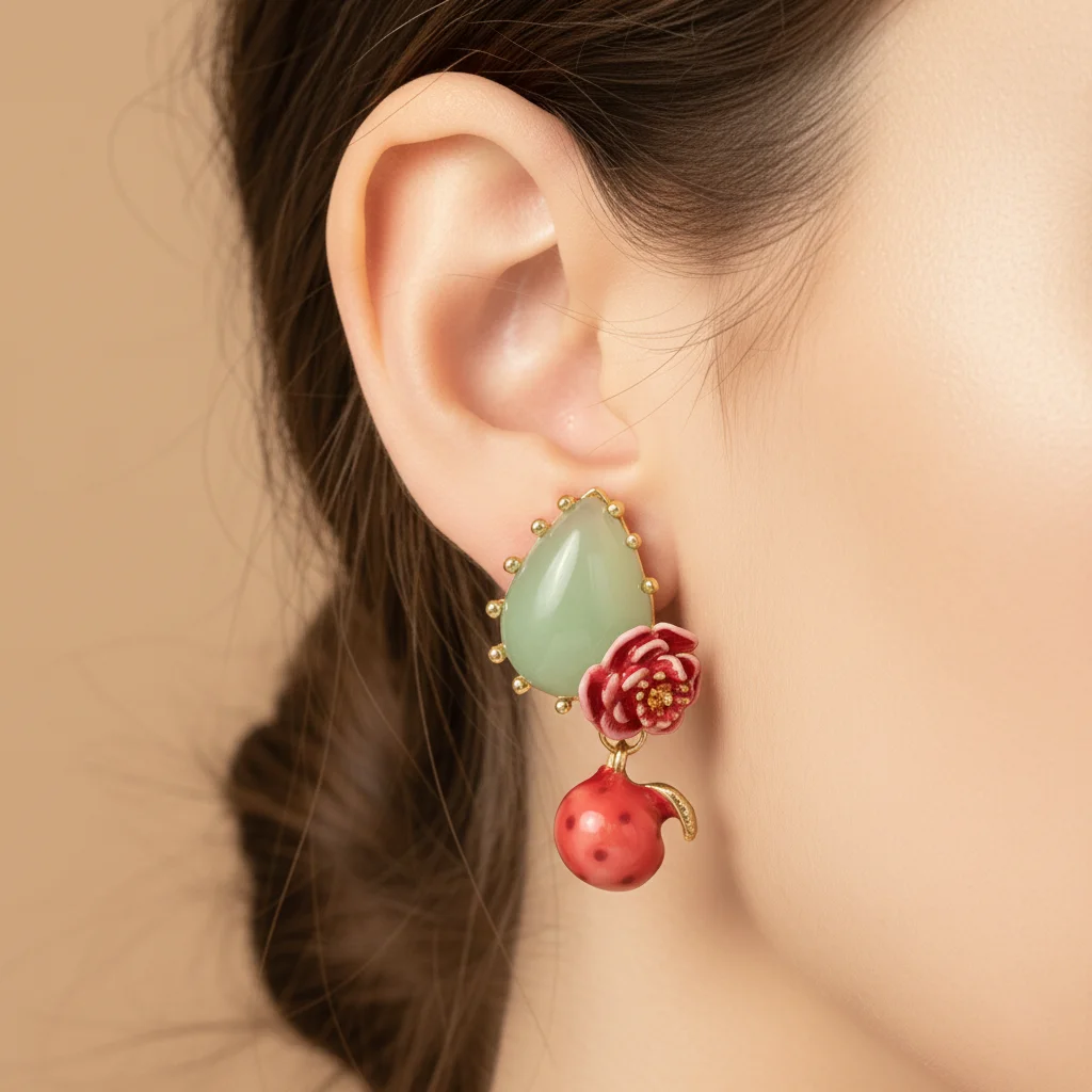 Aretes Colgantes con Flores de Esmalte y Piedra Verde - Aretes Creativos con Forma de Mariquita y Bayas para Mujer, Idea de Regalo para Uso Diario
