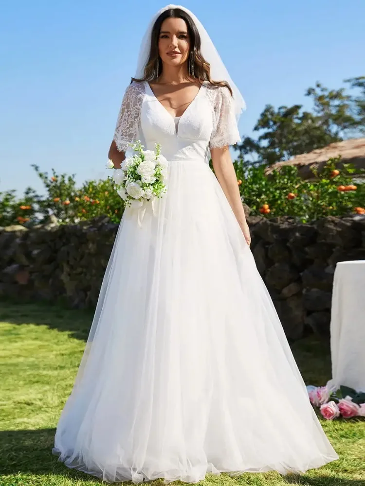 

Boho A-line Wedding Dresses V-neck Short Sleeves Appliques Floor Length Bridal Gown Beach Vestido De Novia