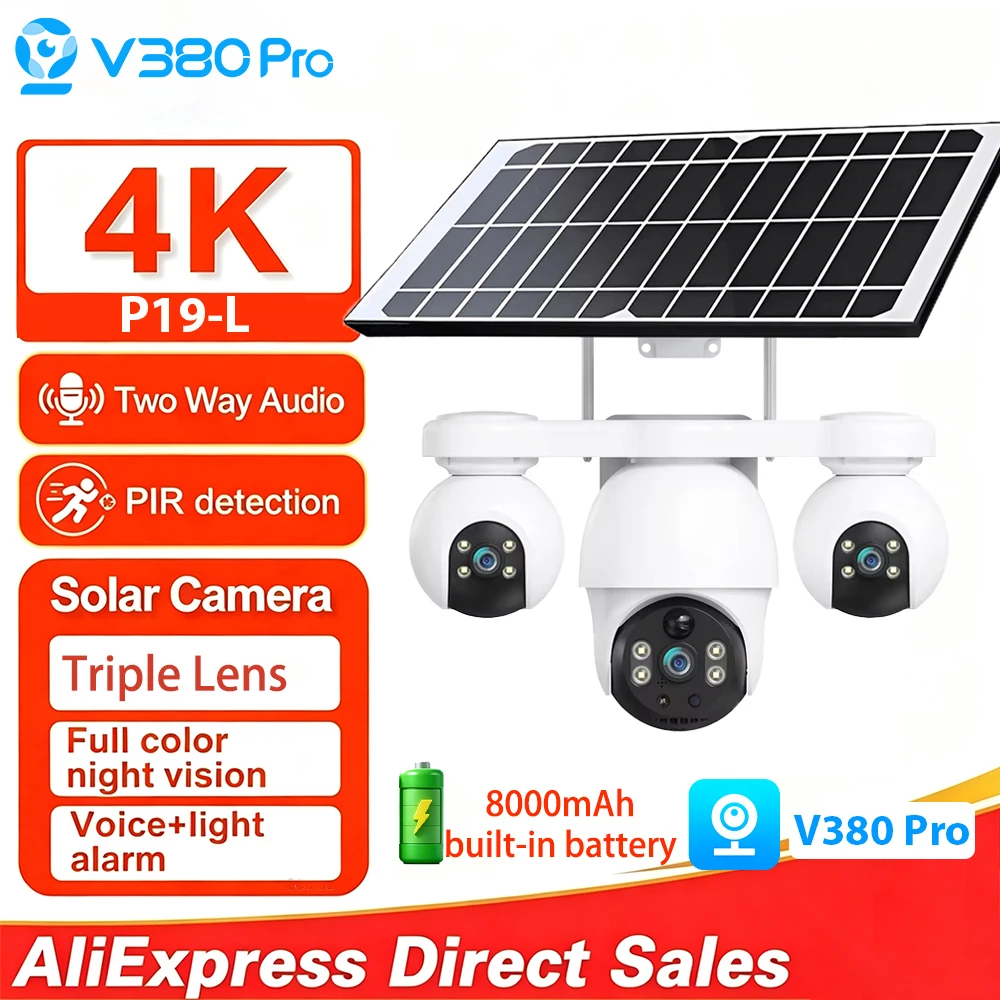 Cámara de seguridad solar V380 Pro 4K con tres lentes, cámara de vigilancia inalámbrica para exteriores con WiFi y 4G, detección de movimiento PIR, resistente al agua.