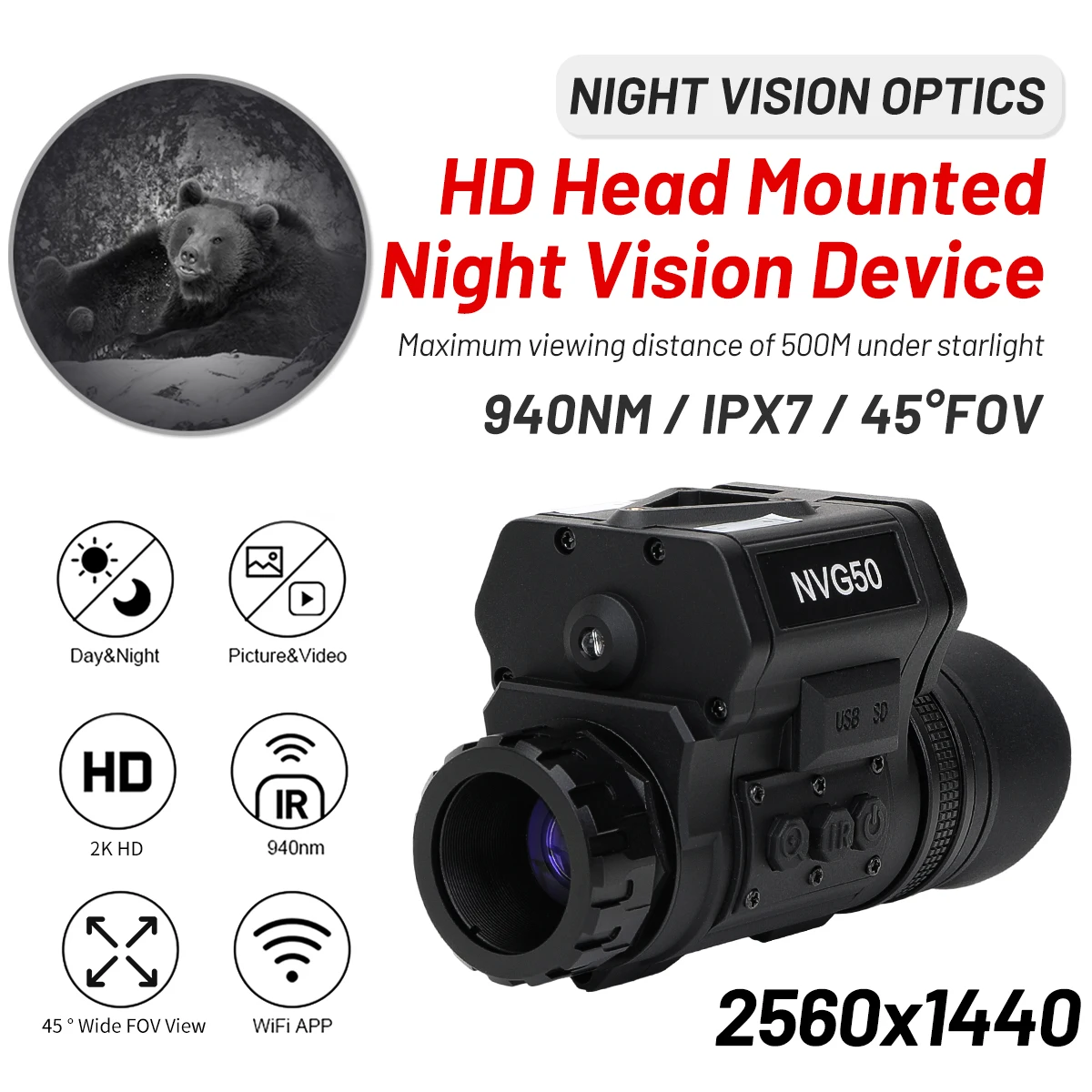 NVG50 Helmet Digital Night Vision Scope long range Wide View 45° WIFI 940nm IR Monocular Telescope for Hunting Camping