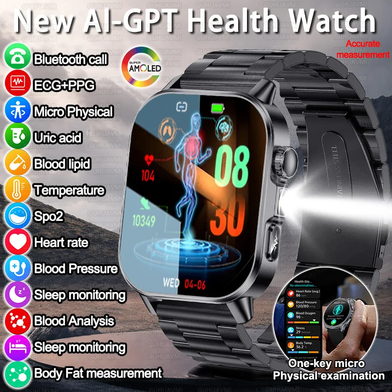 

2026New AI-GPT Health Smart Watch ECG+PPG Blood Pressure HeartRate SpO2 Uric Acid Lipid Body Fat Sleep Monitoring Bluetooth Call