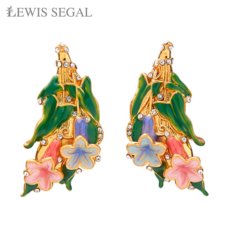 

LEWIS SEGAL Exquisite Bell Flower Earrings Blue and Pink Flower and Leaves Pastel Enamel Rhinestone Jewels 18K Floral Pin Clip