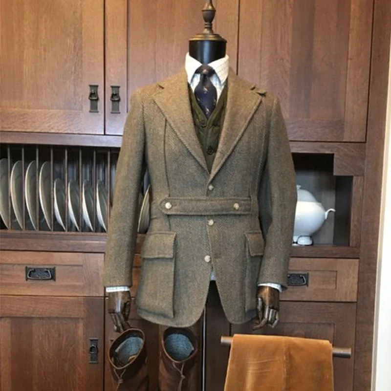 Herrenjacke mit Fischgrätenmuster, Vintage-Steampunk-Oberbekleidung, schmale Passform,