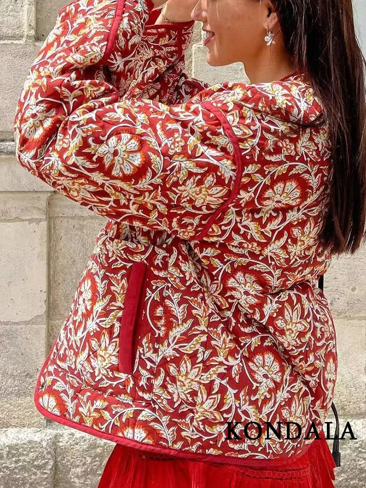 KONDALA Vintage Red Print Vintage donna cotone Outwear moda 2023 autunno scollo a V manica lunga Streetwear Chic giacca Casual