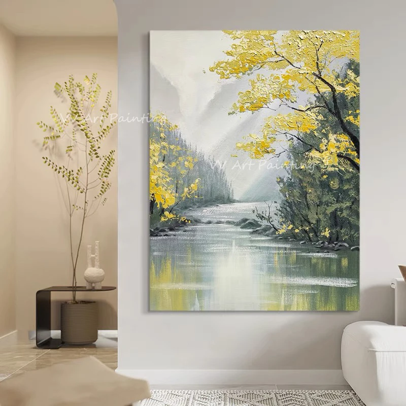 Hand Painted Impasto Landscape Oil Painting, Golden Tree River Palette Knife Canvas, Neutral Nature Vertical Wall Decor