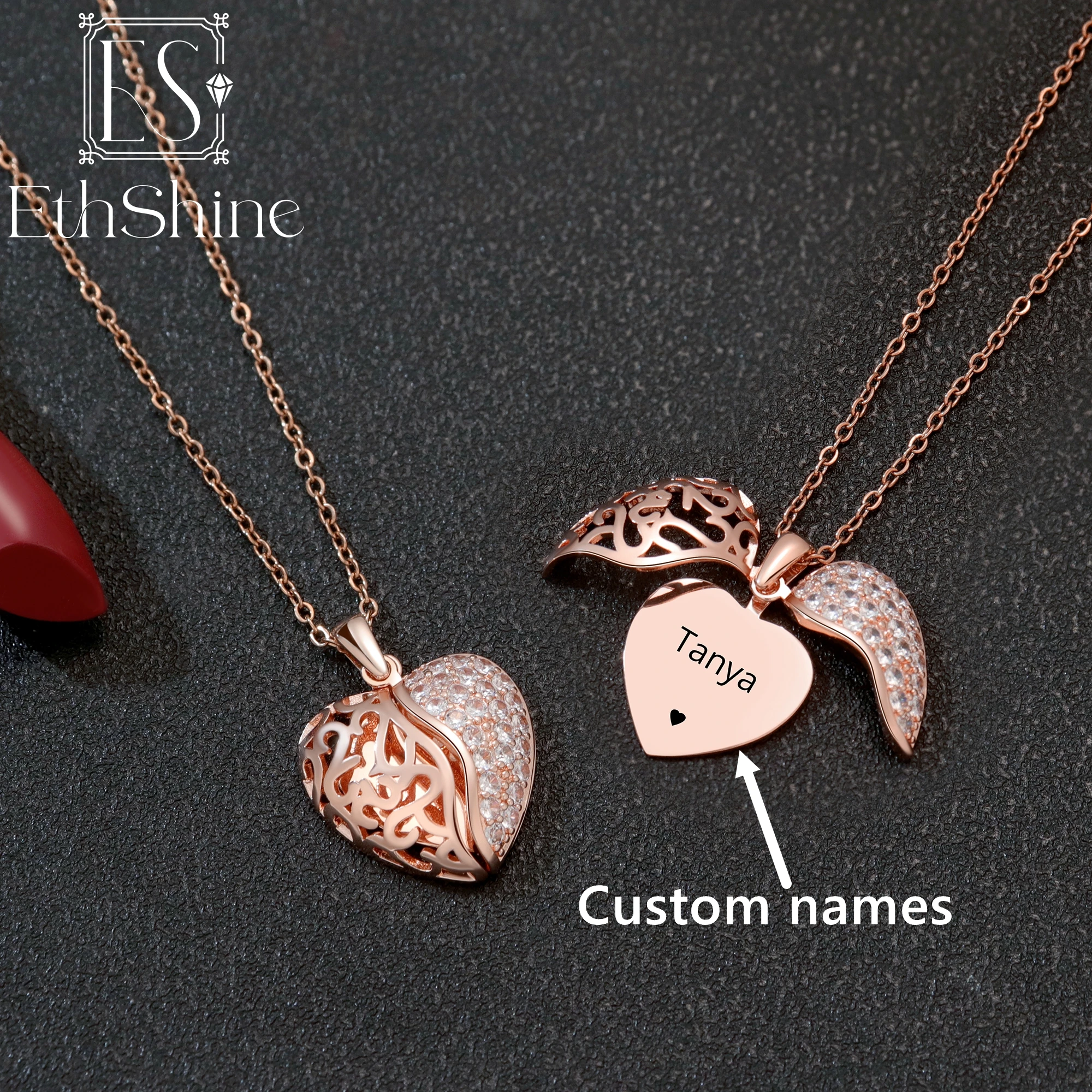 

Personalized Womens Custom Name Necklace Wings Name Necklace Heart Necklace Heart Locket Hidden Message Heart Valentines Gift
