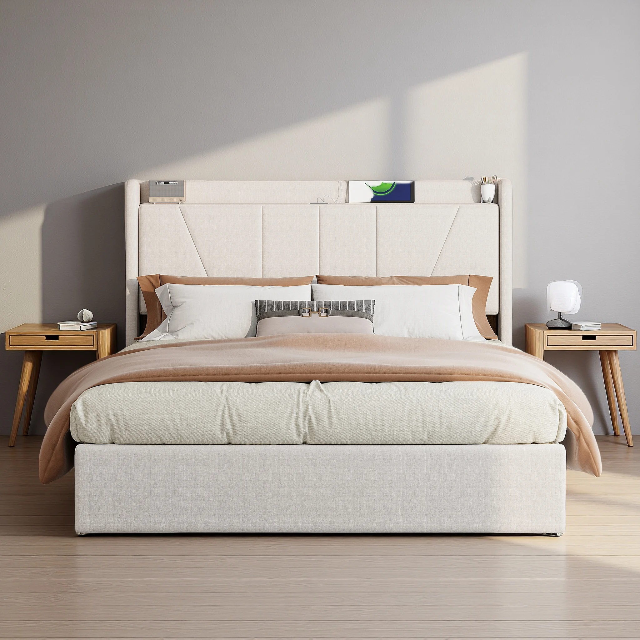 Cassettiera 160x200 cm, letto matrimoniale imbottito, letto imbottito con porta USB, letto adulto con contenitore idraulico, lino, Beige-Bianco