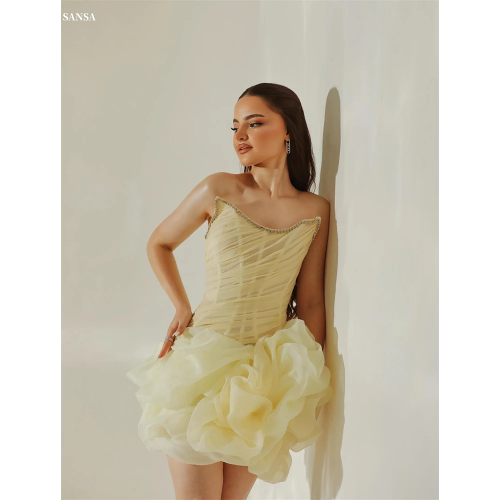 

Sansa Customized Yellow Corset Cascading Ruffle Prom Dress Sleeveless Rhinestones Vestidos De Noche Mini Sweet Formal Evening