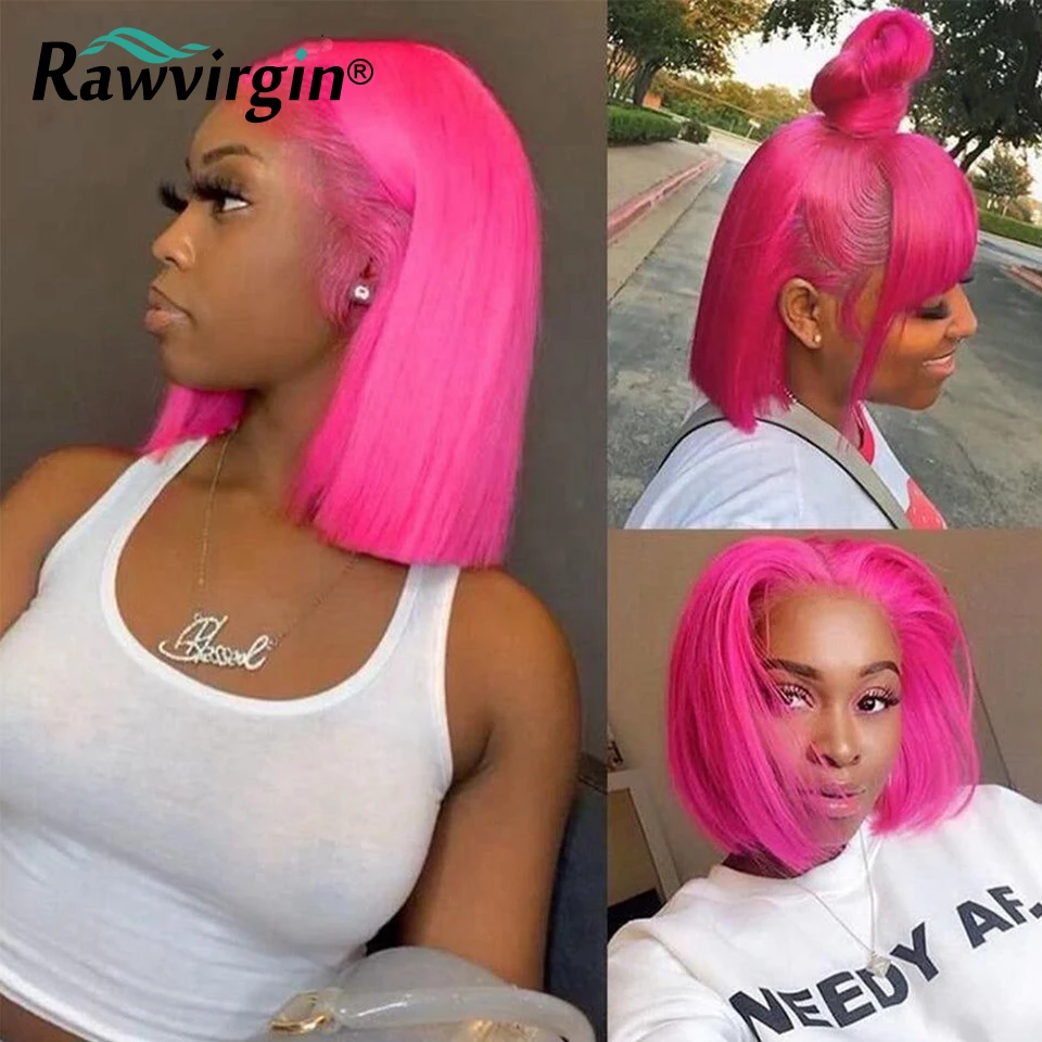 200% 13x4 Hot Pink Short Bob Wig Raw Lace Front Human Hair Wigs 613 Colored Virgin Human Hair Silky Straight Transparent Lace