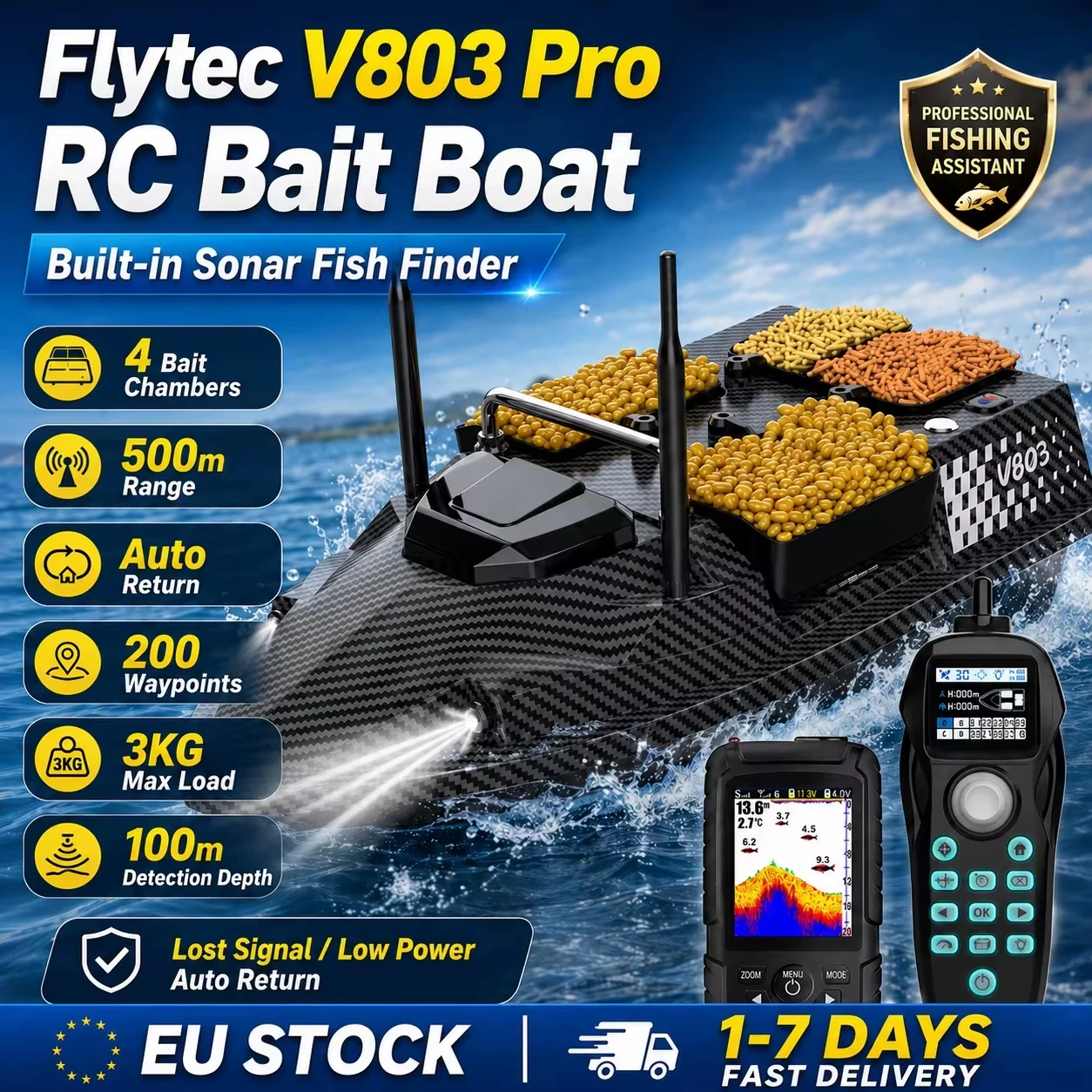 Bateau de pêche télécommandé Flytec V803 Pro avec sonar intégré, 4 compartiments à appâts, retour automatique en cas de perte ou de batterie faible, 200 points de cheminement, portée de 500 m, charge maximale de 3 kg, batterie de 12000 mAh, idéal pour l'amorce et la pêche.