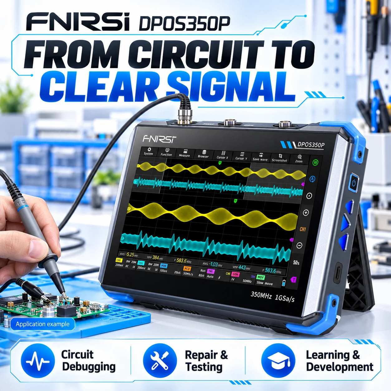 FNIRSI DPOS350P 4-in-1 Tablet Oscilloscope 350MHz 1GSa/s 7in Touchscreen Signal Generator Spectrum & Frequency Response Analyzer