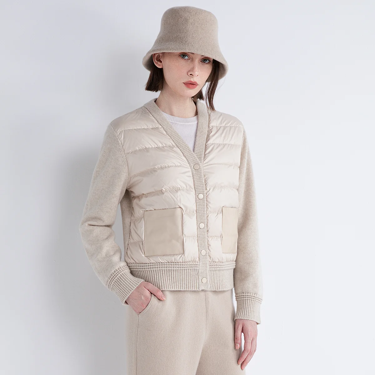 ﻿TX852129 Luxury Minimalist Women’s LP Down Knitwear 100% Cashmere Puffer Cardigan Sheepskin Pocket Outerwear