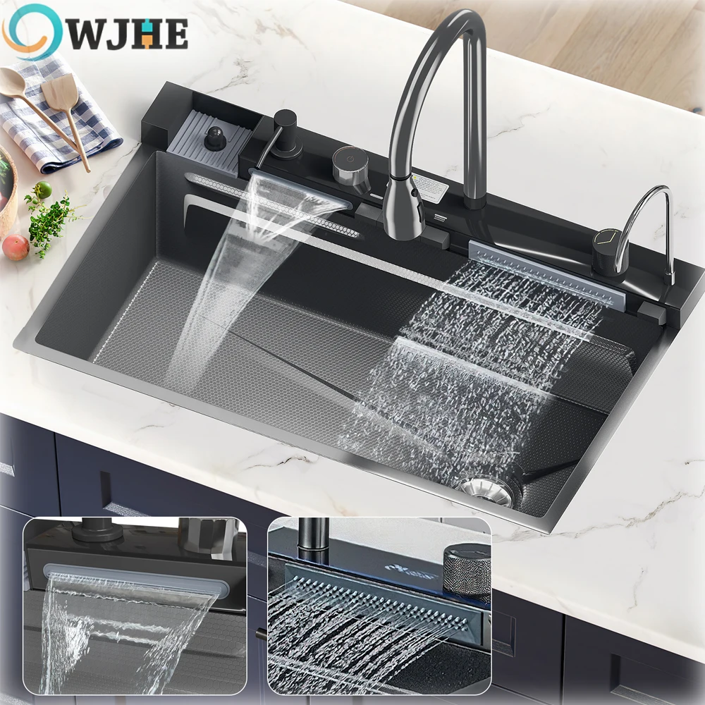 OWJHE304 Lavello da cucina in acciaio inossidabile con display digitale Rubinetto a cascata Multifunzionale 75 * 45 cm Grande lavello a balena a fessura singola