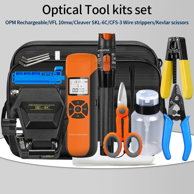 FTTH Fiber Optic Tool Kit with Fiber Cleaver SKL-6C/FC-6S G10 Optical Power Meter 10MW Visual Fault Locator VFL Fiber strippers