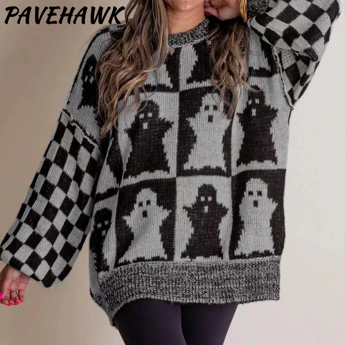 Women Halloween Pattern Print Sweaters Autumn Winter Harajuku O Neck Loose Pullovers Streetwear Casual Party Female Knitted Tops