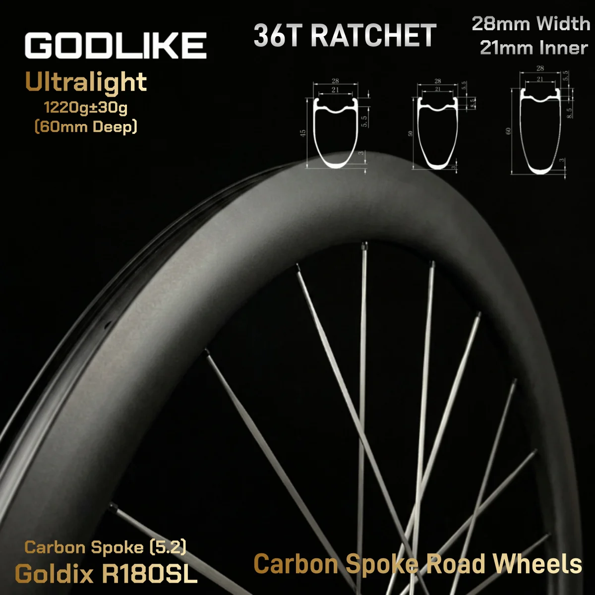 GODLIKE Light Goldix R180SL 700C Carbon Spoke Road Wheels 36T Ratchet Wheelset Disc Brake Clincher Tubeless Compatible Wheelset