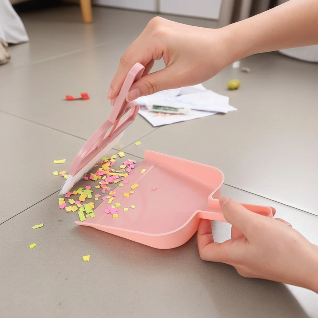 Pink Desktop Broom and Dustpan Set, Mini Cleaning Tool for Home Office, Efficient Dust Collection, Cute Design