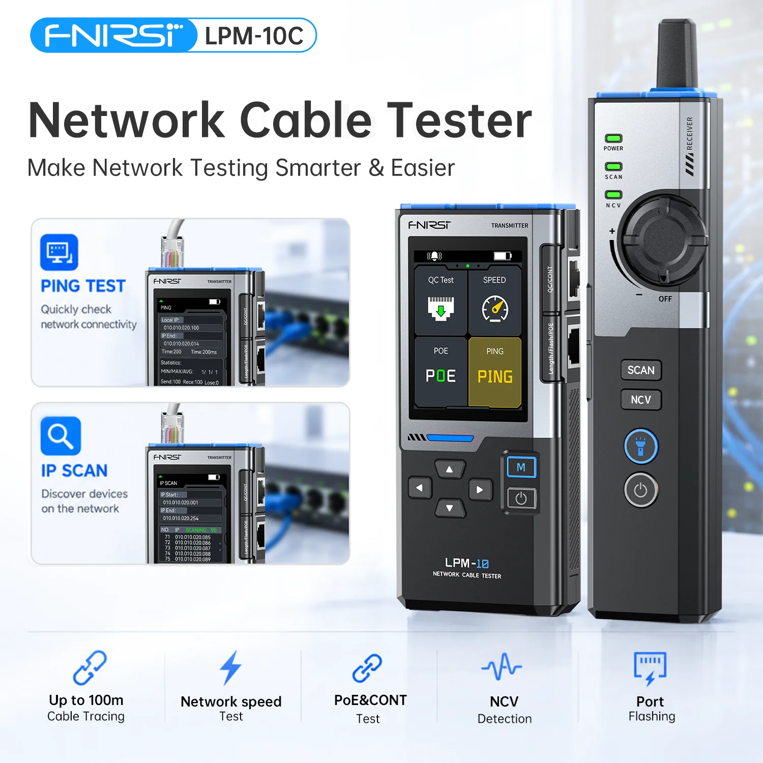 FNIRSI LPM-10C Line Detector Network Cable Tester with IP Scanner PING Gigabit PoE RJ45 RJ11 Wire Tracker LAN Tool