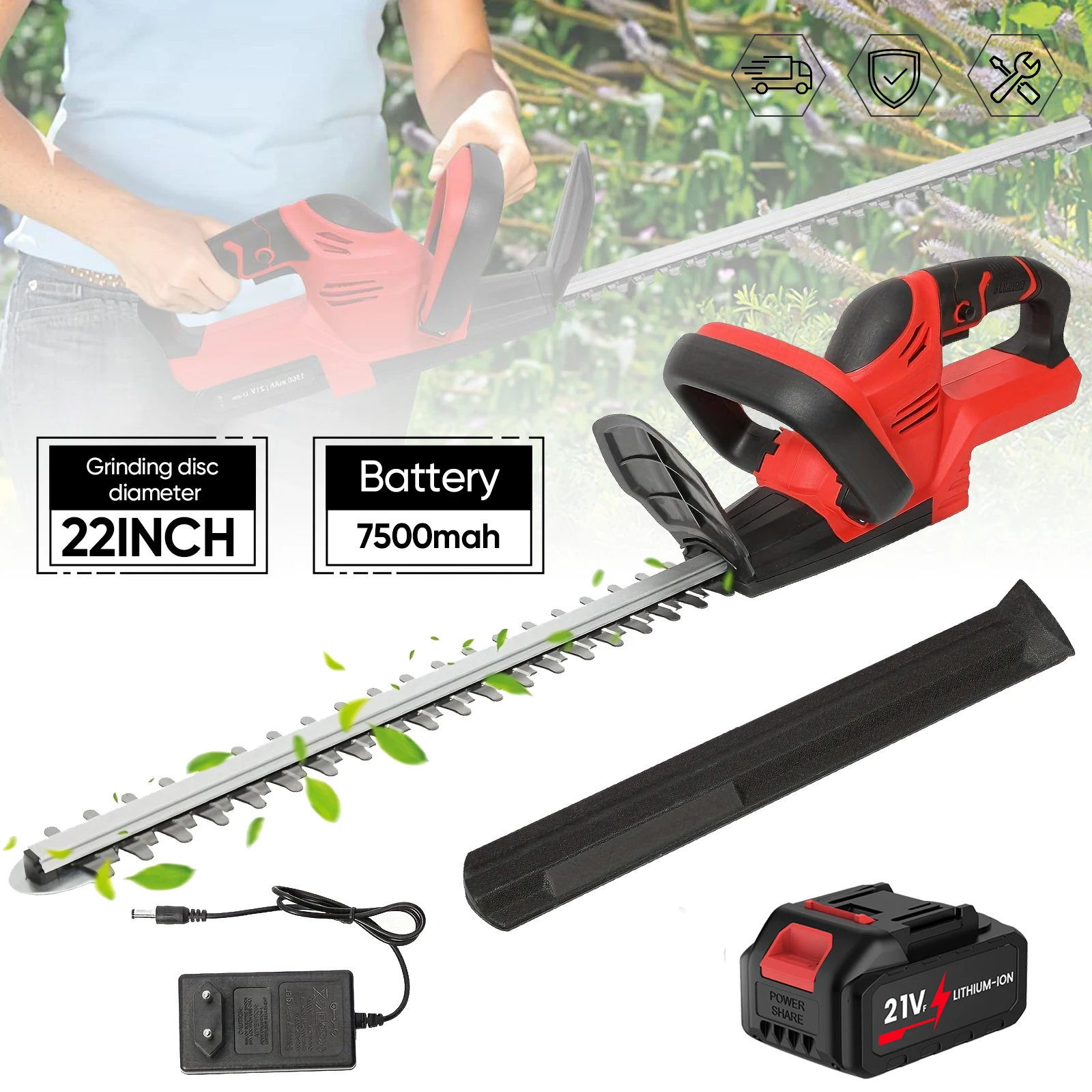 21V Akku-Heckenschere 22 Zoll Elektrische Heckenschere mit 7500mAh Akku & Ladegerät mit Doppelklingen-System 3/5 " Schnittkapazität