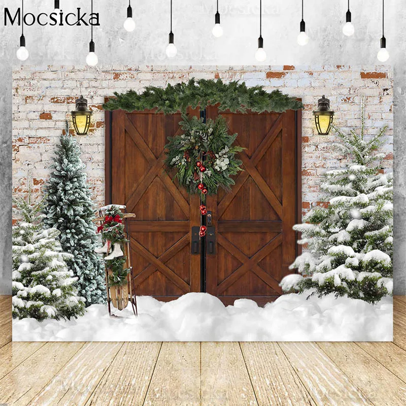 Christmas Photography Backdrop Rustic Wooden Door Photocall Winter Retro Brick Wall Kids Family Portrait Background Photo Studio