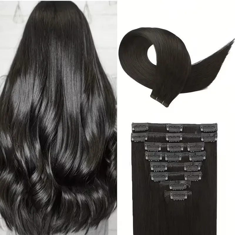 Extension a clip in capelli veri per donne e ragazze, capelli neri naturali e lisci con clip sicure e sistema a doppia catena, per aumentare volume e lunghezza, ideali per trecce, code di cavallo,