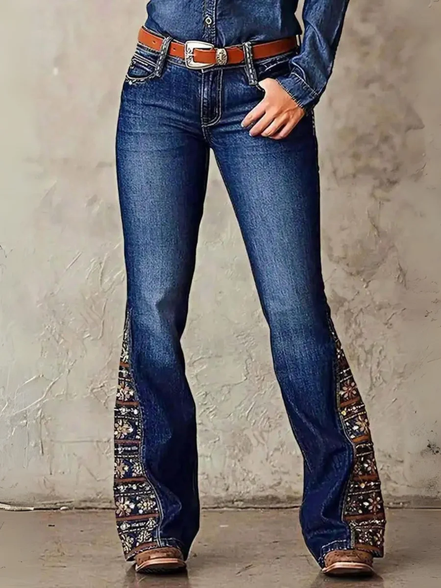 HME [Y2K جينز متوهج] جينز نسائي مطبوع بحاشية بيزلي، سروال فلورا أنيق مطبوع للنساء T04