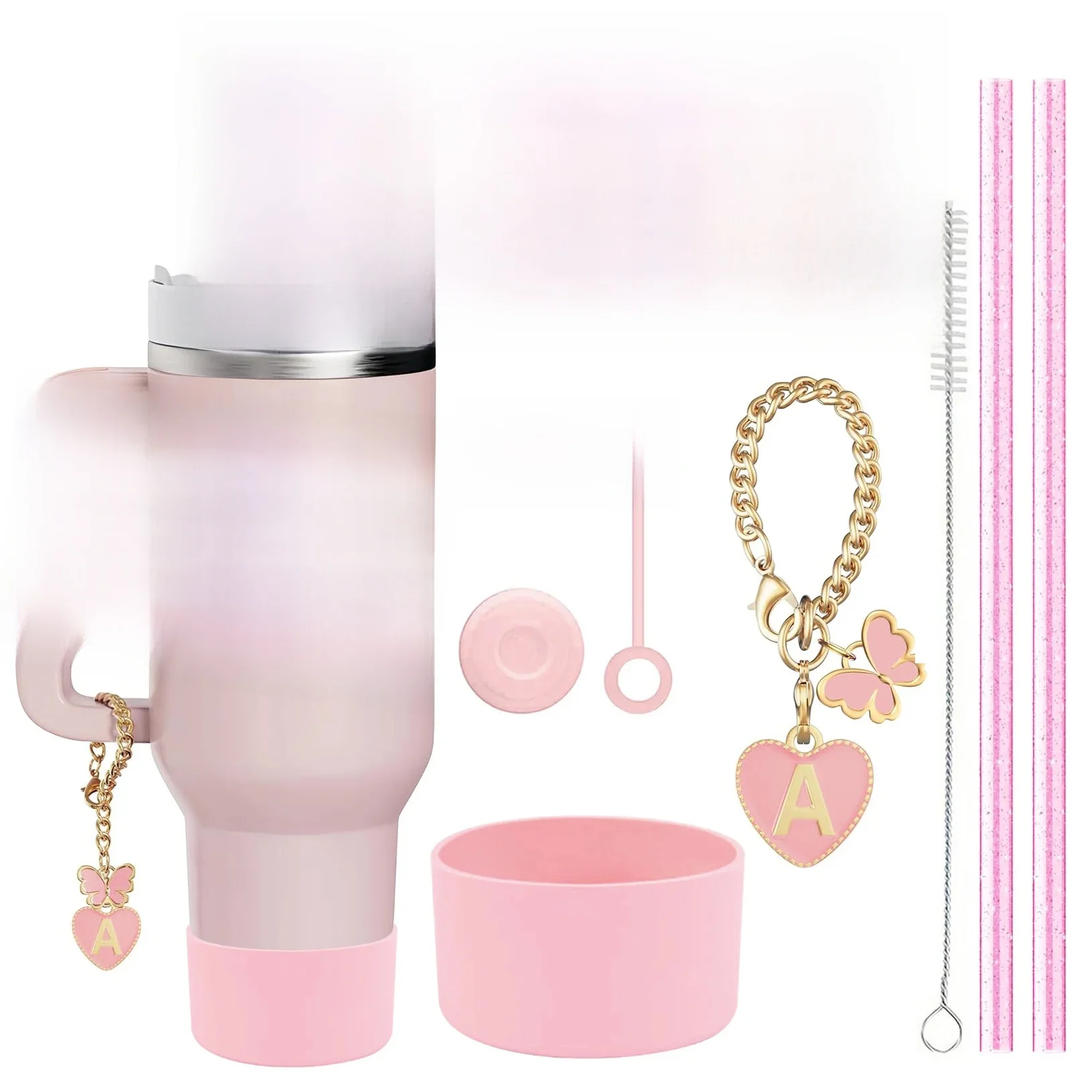 Ensemble d'accessoires pour tasse Stanley, 2 pailles et brosse et 1 chaîne à breloques en forme de fleur, 3 bouchons anti-déversement, housse de paille pour bottes, 10 pièces