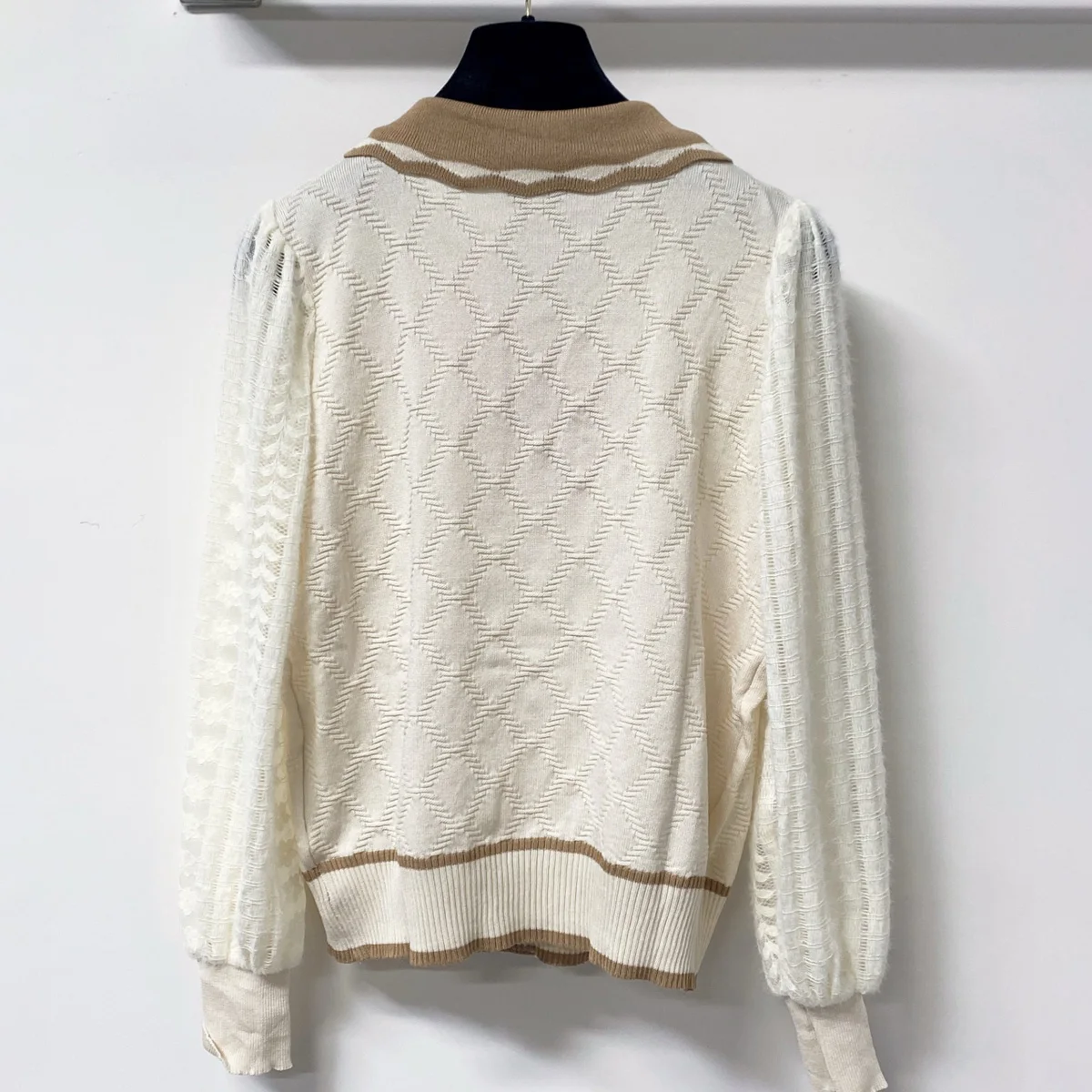 2026 New Women Button-Down Collar Pullover Knit Sweater Bow Tie Rhinestone Buttons Hollow Puff Long Sleeve Elegant lyt26609170