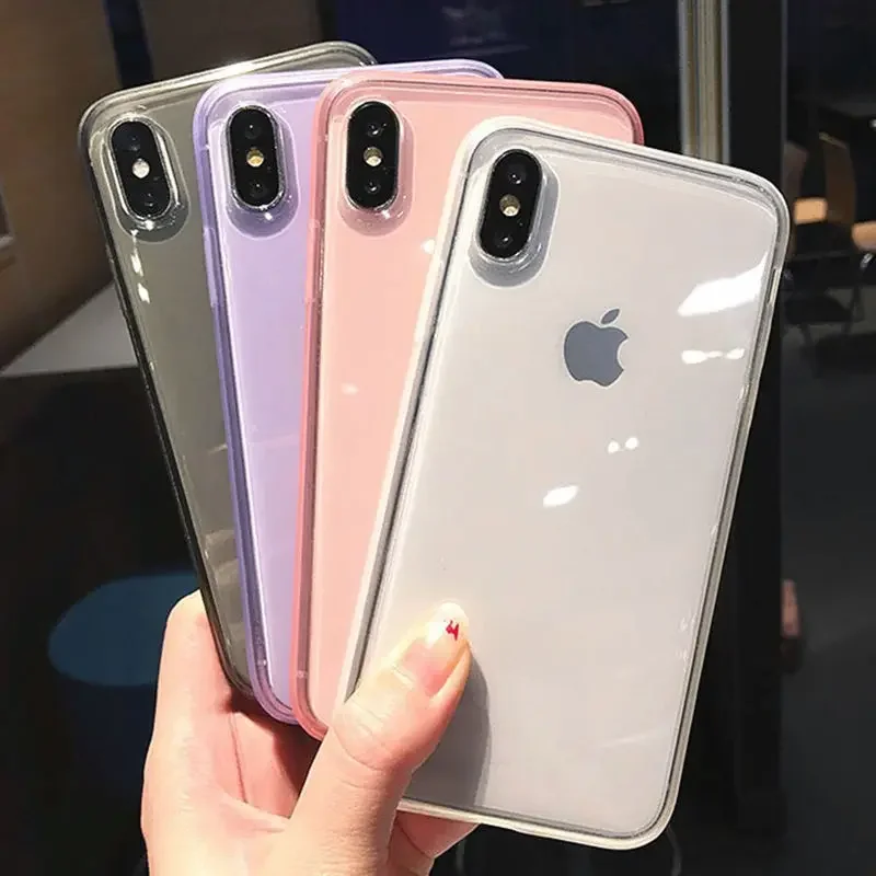 Caso de telefone quadro anti-choque transparente para o iphone, colorido capa de proteção tpu, moda,