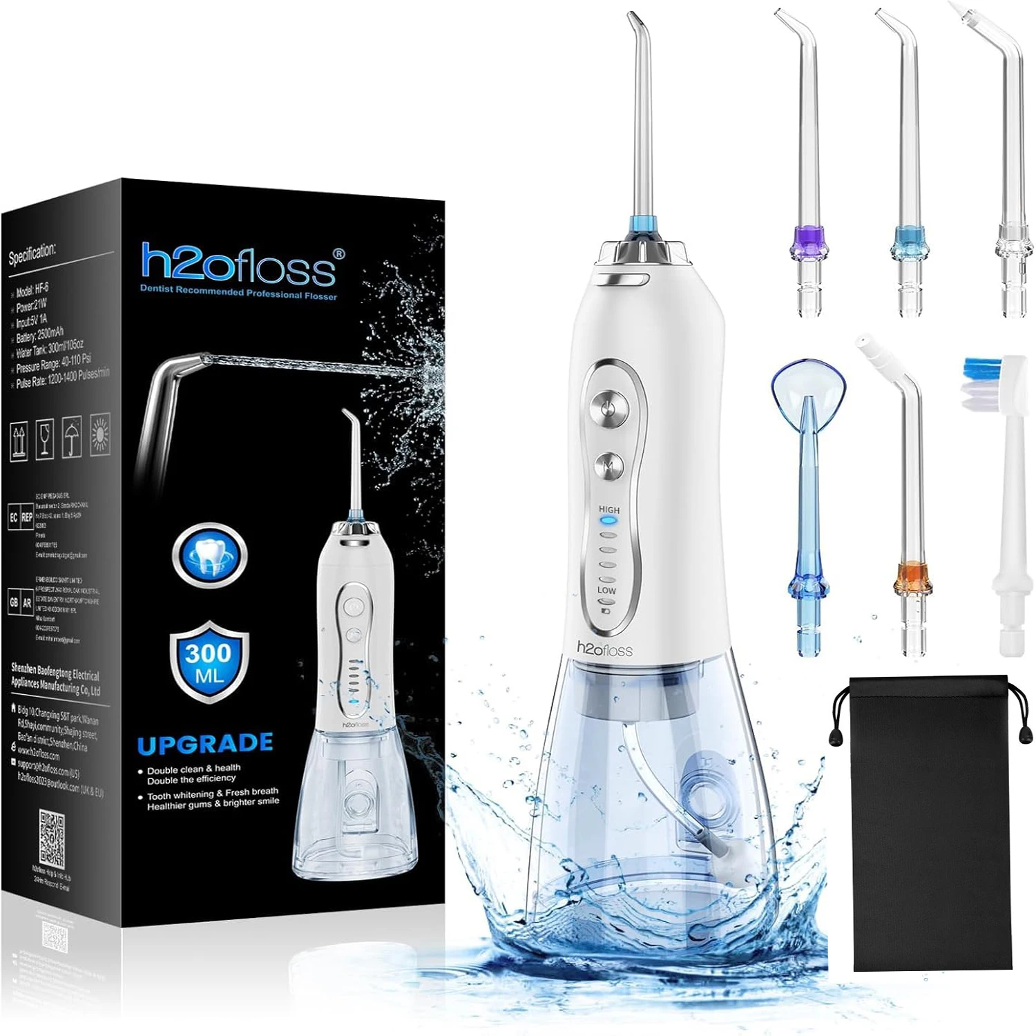 h2ofloss Dental Oral Irrigator Portable Water Flosser for Teeth Braces Rechargeable Home and Travel 5 Modes Waterproof