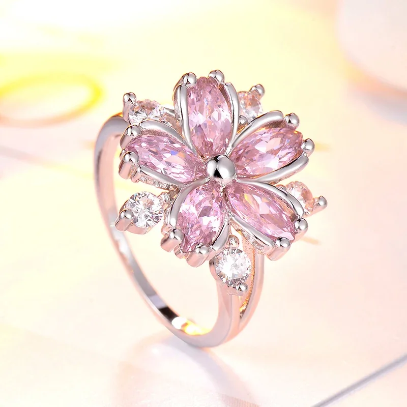 Eleganckie modne pierścionki zaręczynowe Sakura Princess dla biżuterii panny młodej Romantyczne pierścionki damskie z cyrkonią w kształcie kwiatu wiśni — zdjęcie 2