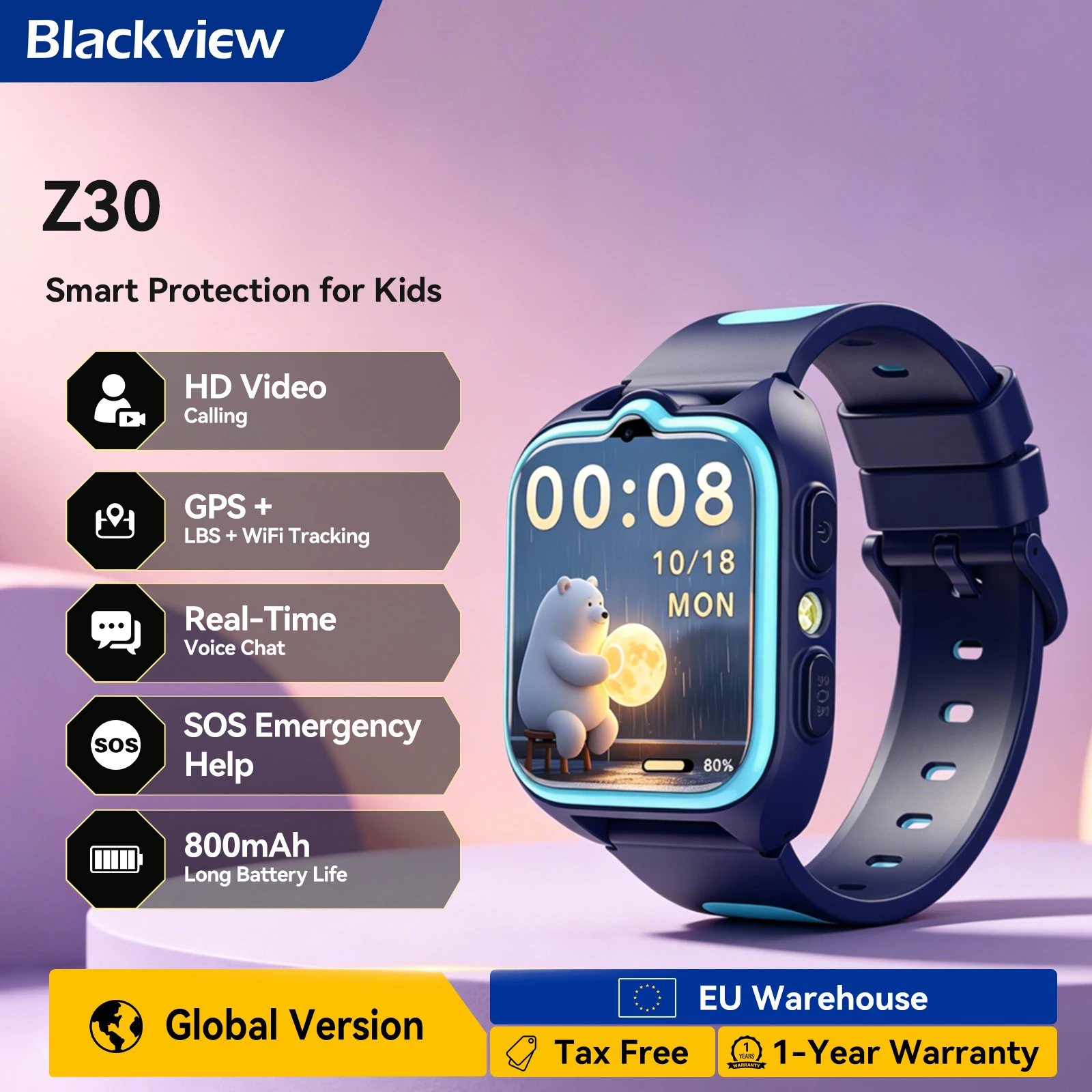 Blackview Z30 Kids Smart Watch Children Phone Watch, LBS+WiFi+GPS Triple AI Positioning, 4G Video Call, Phone Watch Smartwatch