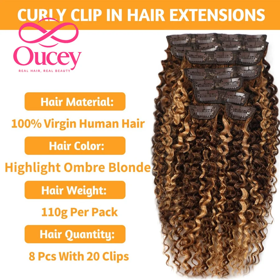 Highlight Ombre Honey Blonde 4/27 Kinky Curly Clip Ins 110g 8pcs Curly Clip In Hair Extensions Human Hair Extensions 20 Clips