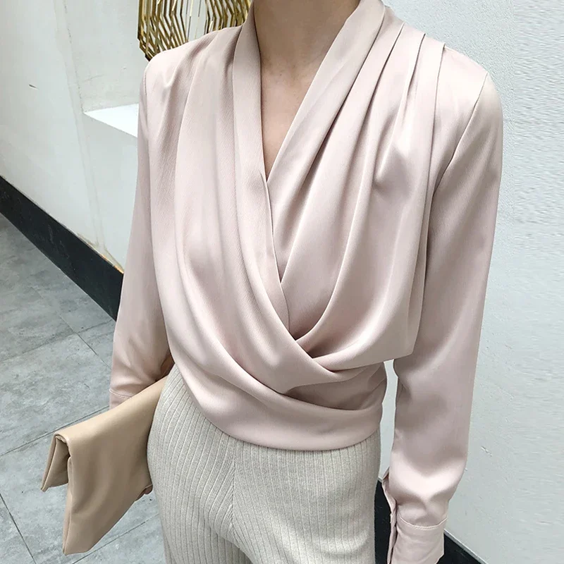 Elegancka satynowa bluzka damska Seksowne bluzki biurowe z dekoltem w szpic Koszule Casual Solidny długi rękaw Wiosna Lato Kobiece topy imprezowe 2XL — zdjęcie 2