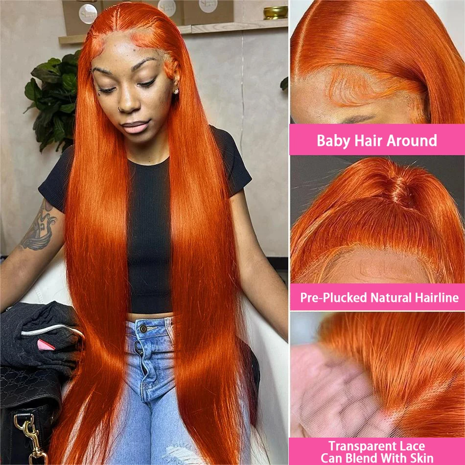 High Density 250% 30 38 Inch Ginger Orange Bone Straight 13x6 Human Hair Wig Remy Brazilian 13x4 Transparent Lace Frontal Wigs