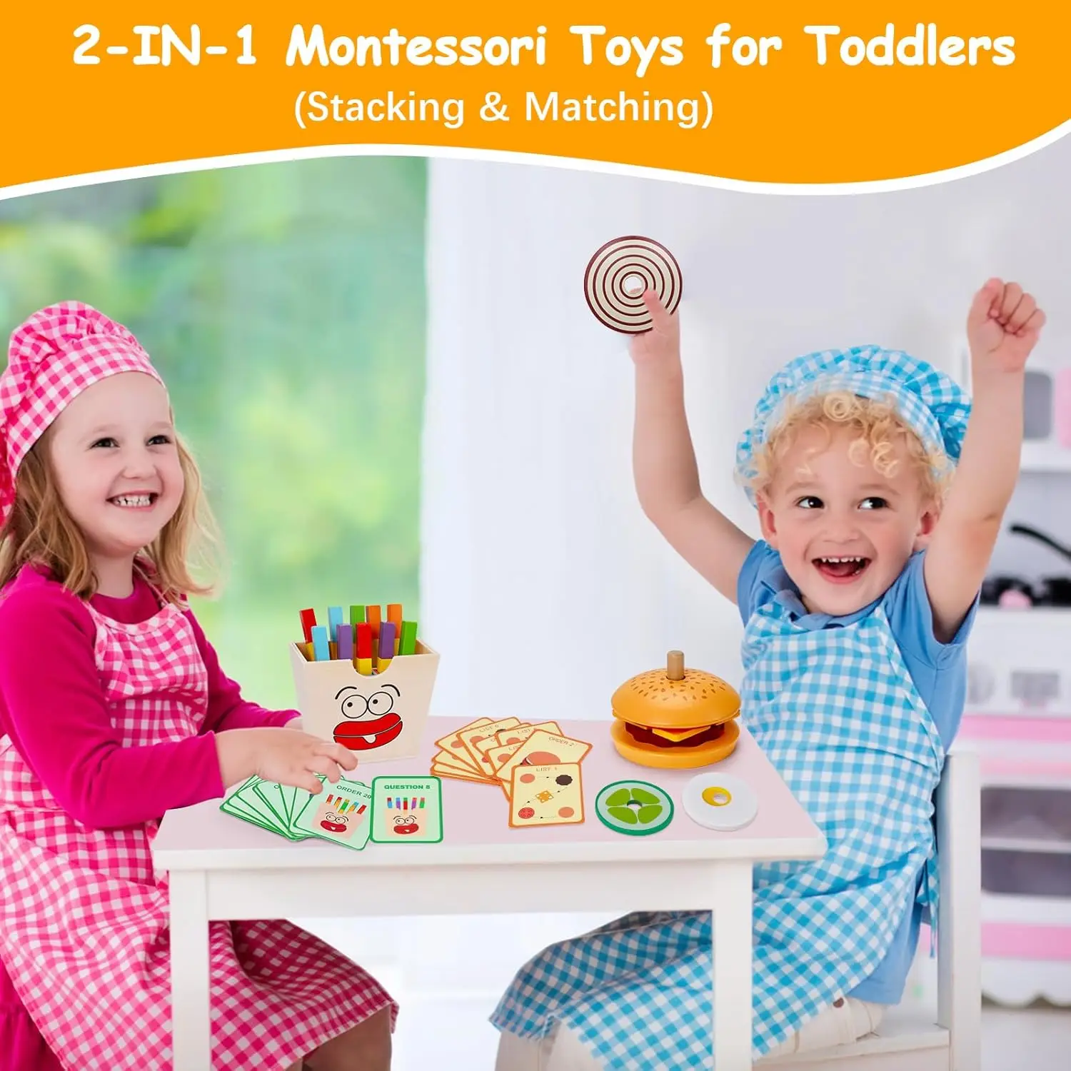 Todders Montessori Toy Wooden Hamburger Sandwich French Fries Sorting Stacking Toys Pretend Play Food Toy Kid Role Playing Games