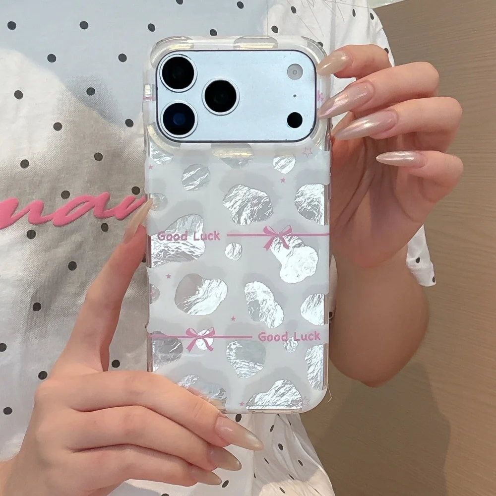 INS Sweet Girly Silver Foil Leopard Bow Phone Case for iPhone 17 Pro 16 Max 15 16 17 Pro Max 15 Pro Fashion Cute Shockproof Case