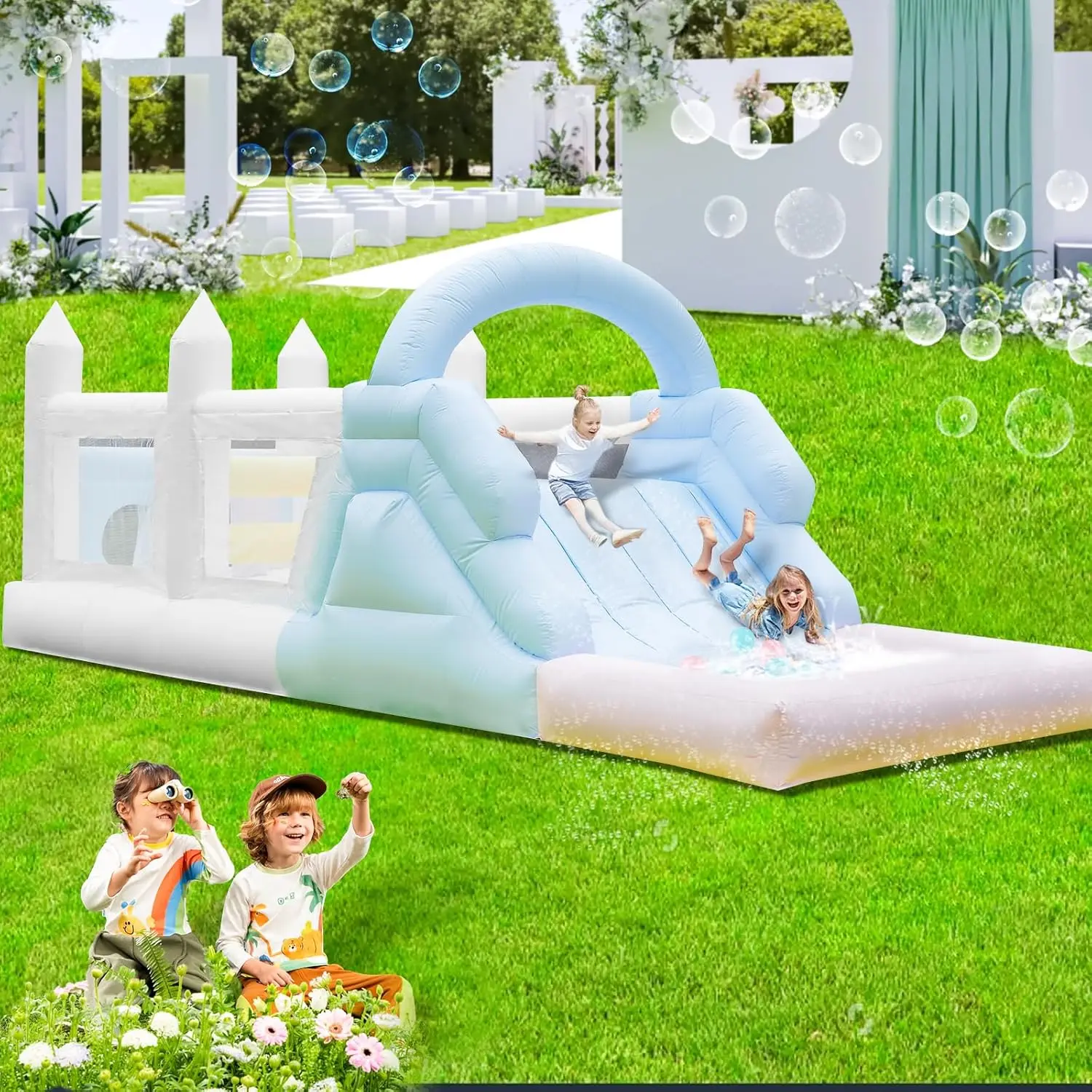 Newly Inflatable Macaroon PVC Water Sildes Ball Pit Pool Bounce House For Kid Jungle Gym Water Play Equipment With Air Blower