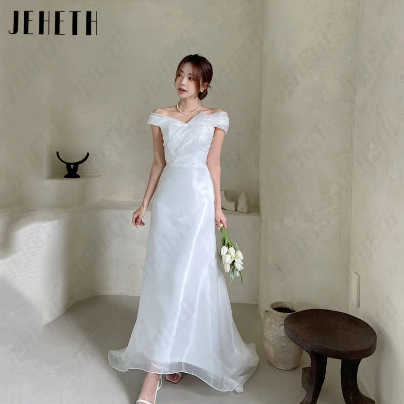 JEHETH Boat Neck Wedding Dresses Women Organza Pleat Bridal Gowns A-Line Backless 웨딩드레스 Photography Vintage Sleeveless High/Low