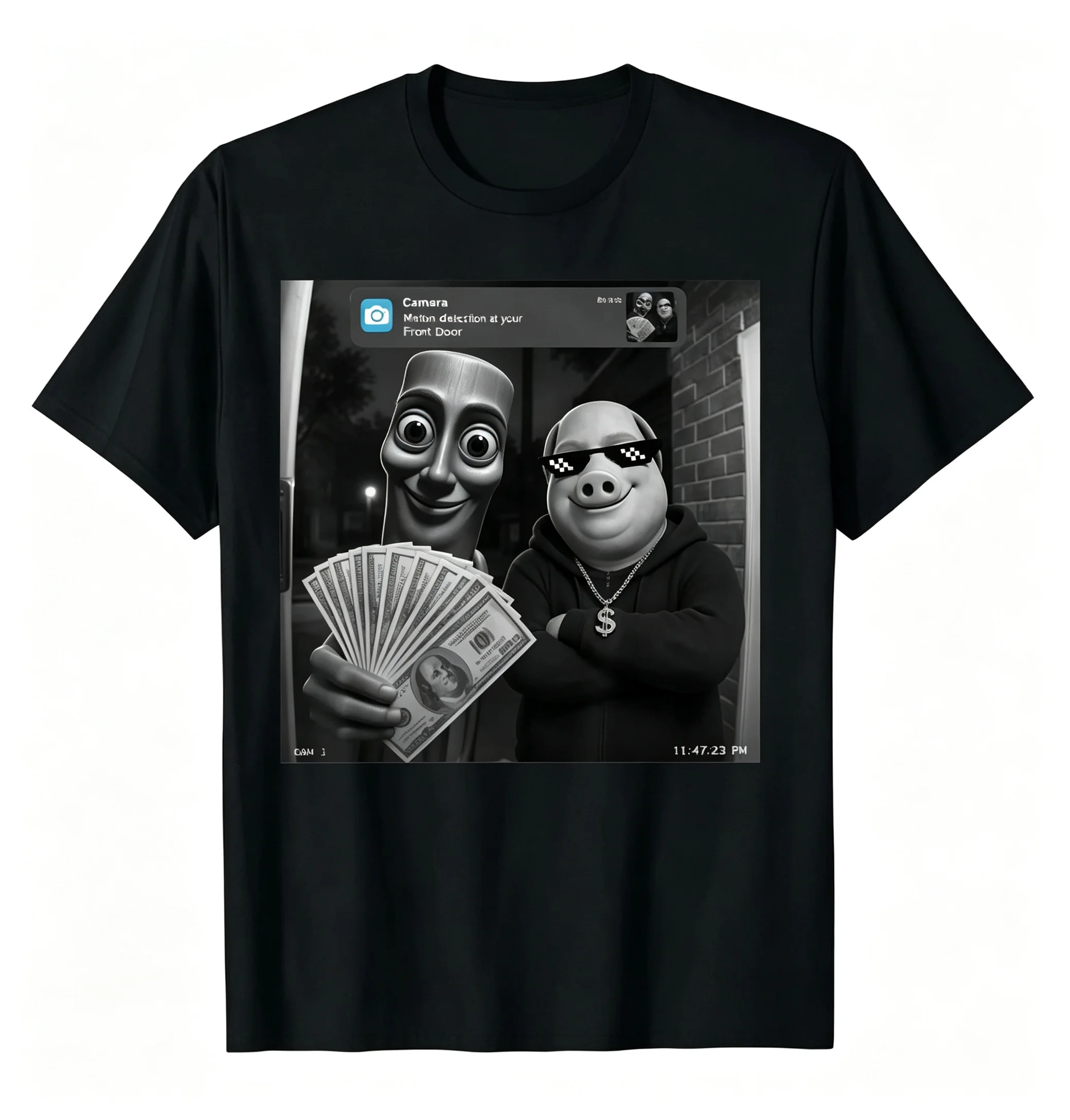 Men's Viral Internet Meme Graphic T-Shirt, John Pork Funny Surveillance Camera Print Round Neck Short Sleeve Tee, Black Regular Fit Soft Casual Streetwear Top for Party Daily Wear - view 7