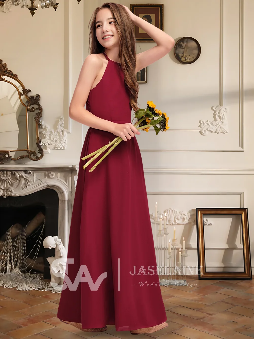 Elegant A-Line Halter Floor-Length Chiffon Junior Bridesmaid Dress Burgundy Flower Girl Dress For Girls Party Wedding Formal