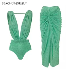 2024 swimsuit trend sexy deep v-neck One piece  Shiny  Women Swimwear Beachwear bathing suit Monokini two piece dress bikini set