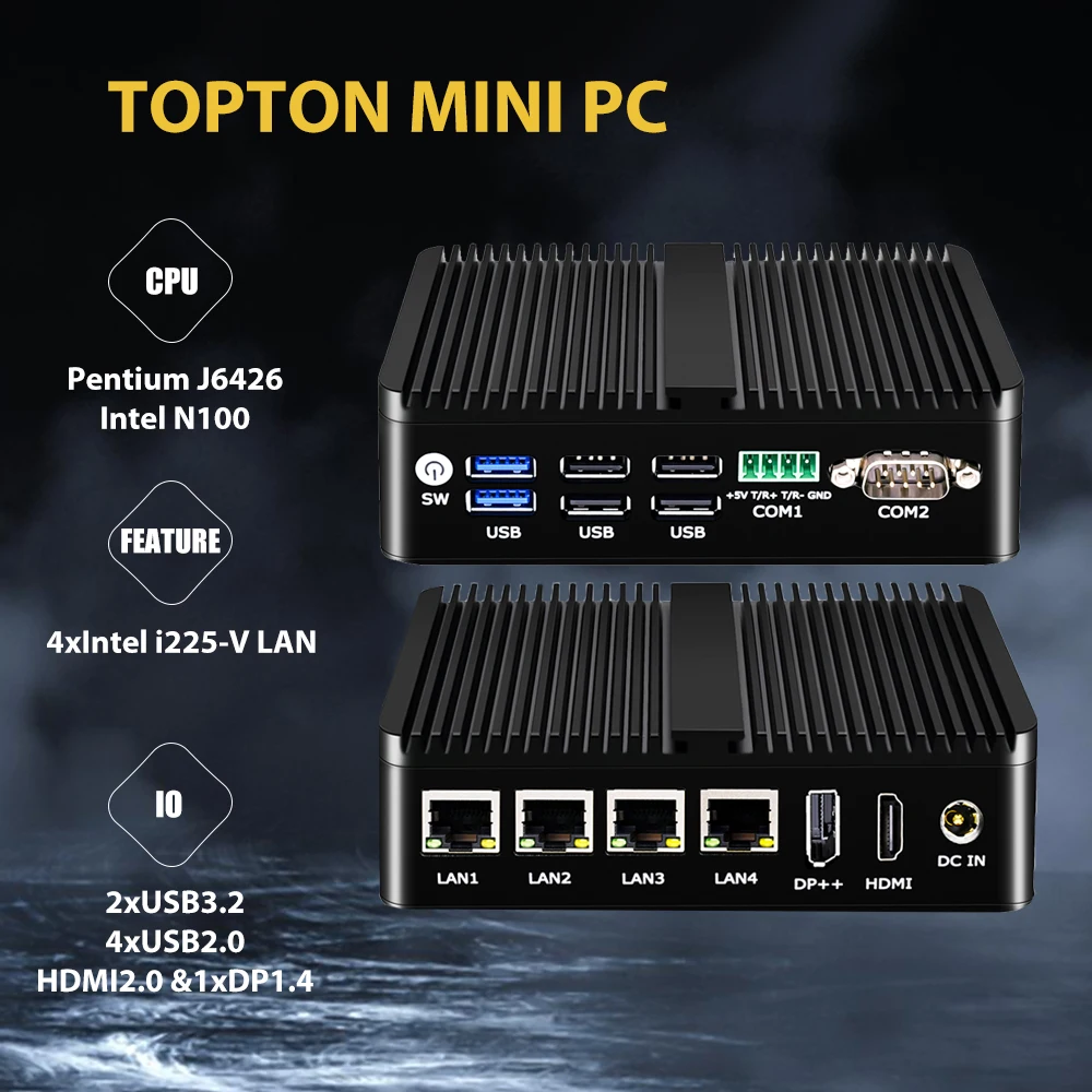 

2023 Новый 2,5G мягкий маршрутизатор Pentium J6426 N100 4x Intel i225 Nics 2xUSB3.2 4xUSB2.0 безвентиляторный мини-компьютер брандмауэр устройство vpn-сервер