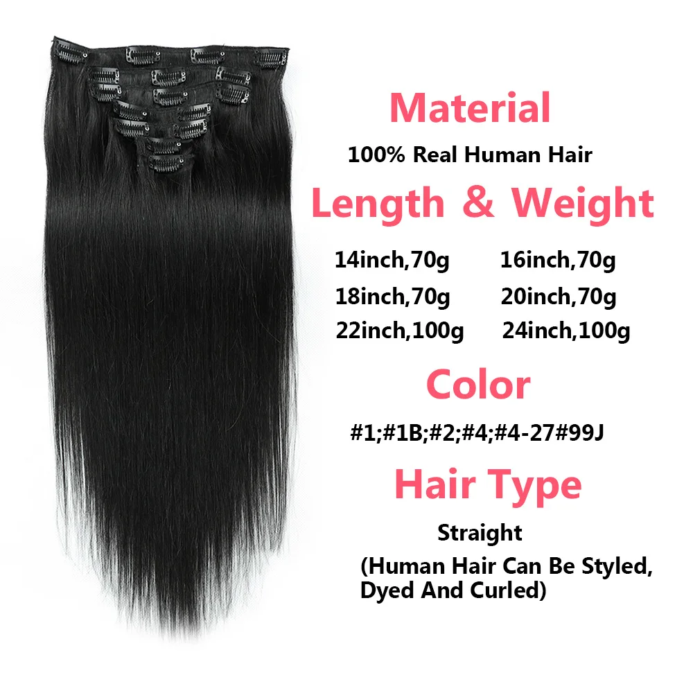 Extensiones de cabello humano 100% Remy, extensiones de cabello con Clip, cabello humano Real liso, 7 Uds., extensiones de cabello con Clip Ins para mujer