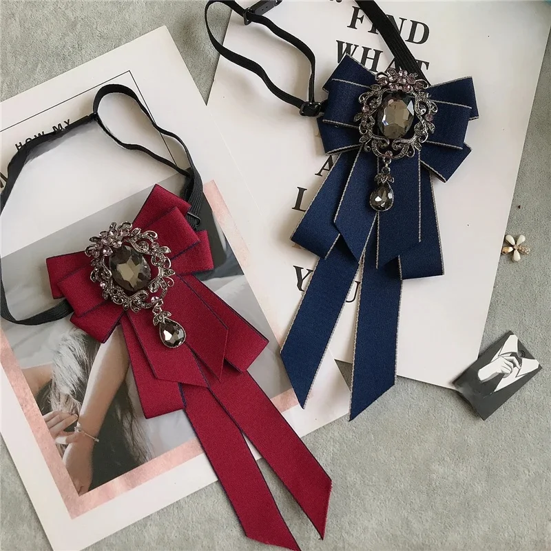 Nœud papillon en strass pour femme, idéal pour photos de remise de diplôme, uniforme scolaire, ruban, style littéraire et artistique, à carreaux, fleur de col